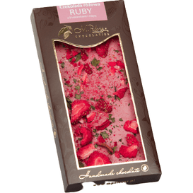 M.Pelczar Chocolatier Czekolada różowa - Ruby z truskawkami i miętą, 85g